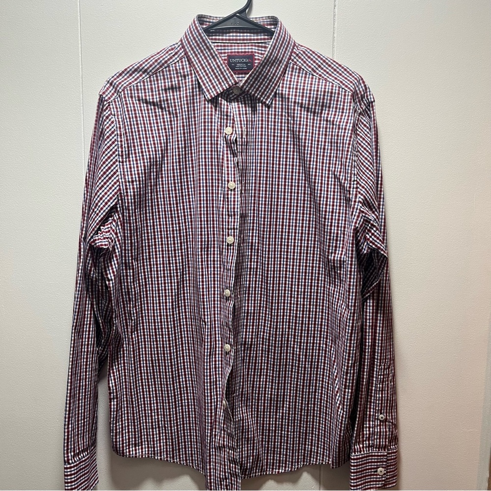 Untuckit Shirt Blue Red White Gingham Check Men's Size Medium Long Sleeve